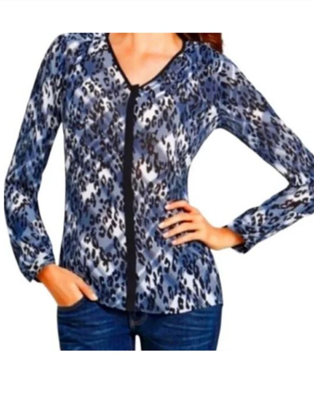 Cabi New Size L #977 Fatale Blouse Sheer Leopard Blue Black White Geometric Top